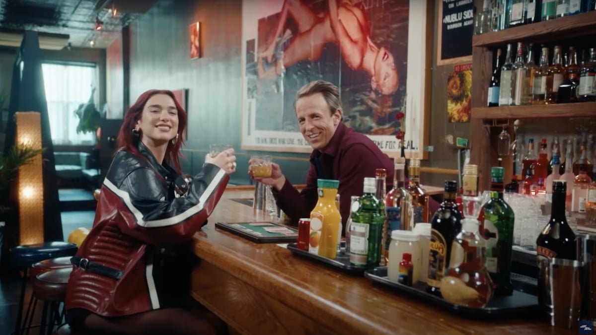 Dua Lipa and Seth Meyers enjoy questionable cocktails during day drinking session