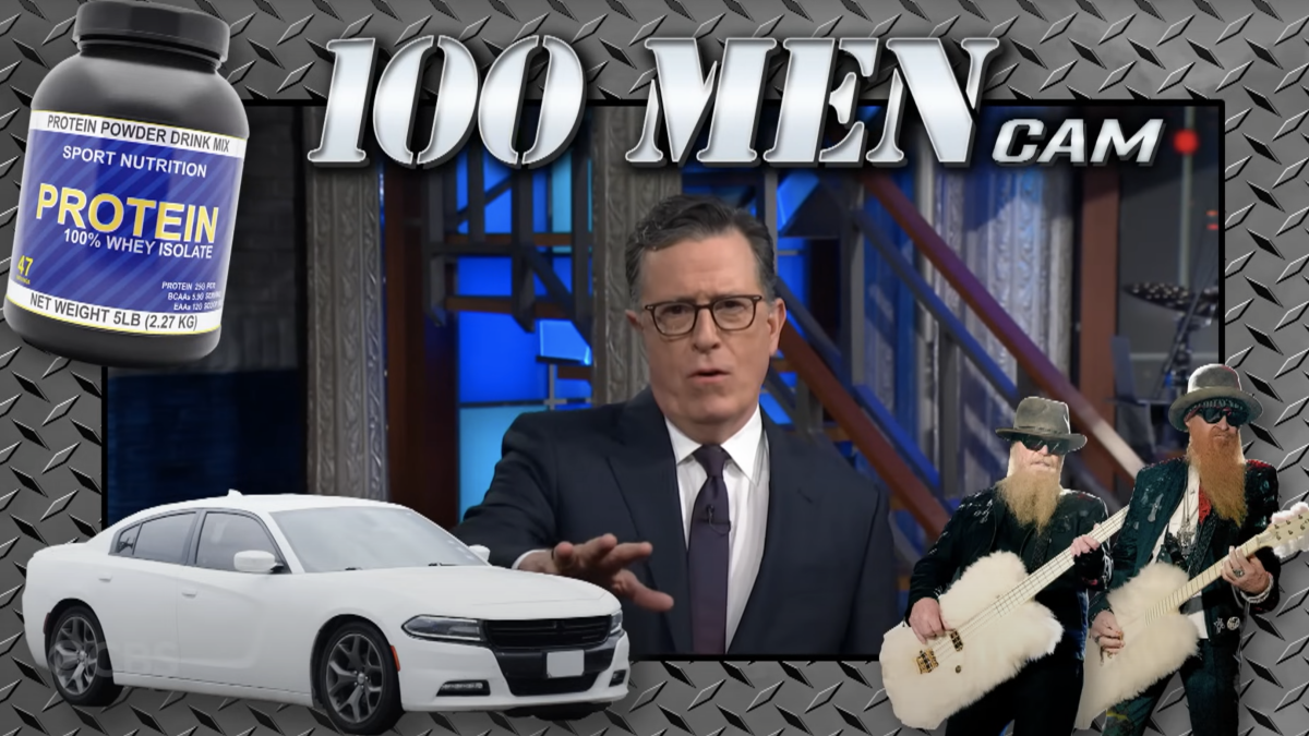 Stephen Colbert provides his perspective on a scenario involving 100 men versus 1 gorilla.