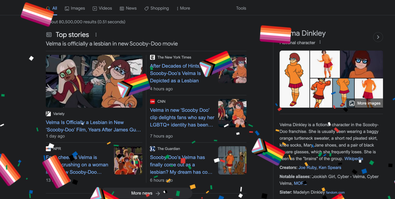 images-1-fill_-size_2000x1011-v1665039859 A screenshot of a Google search results page for Velma, covered in digital confetti and lesbian and progress pride flags.