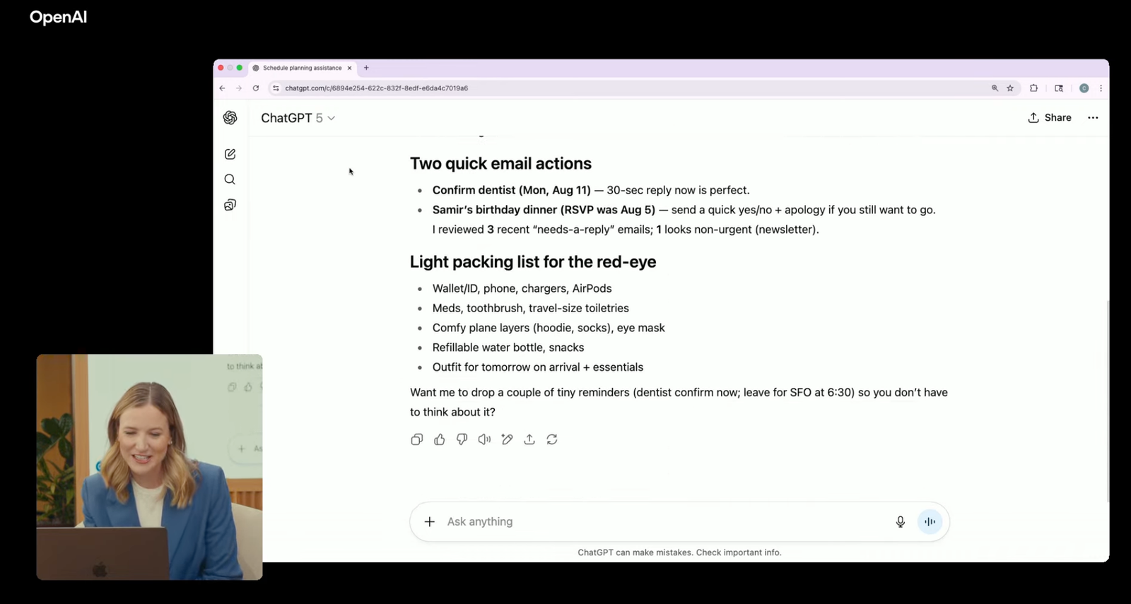 Woman using ChatGPT's Google integration to plan her day