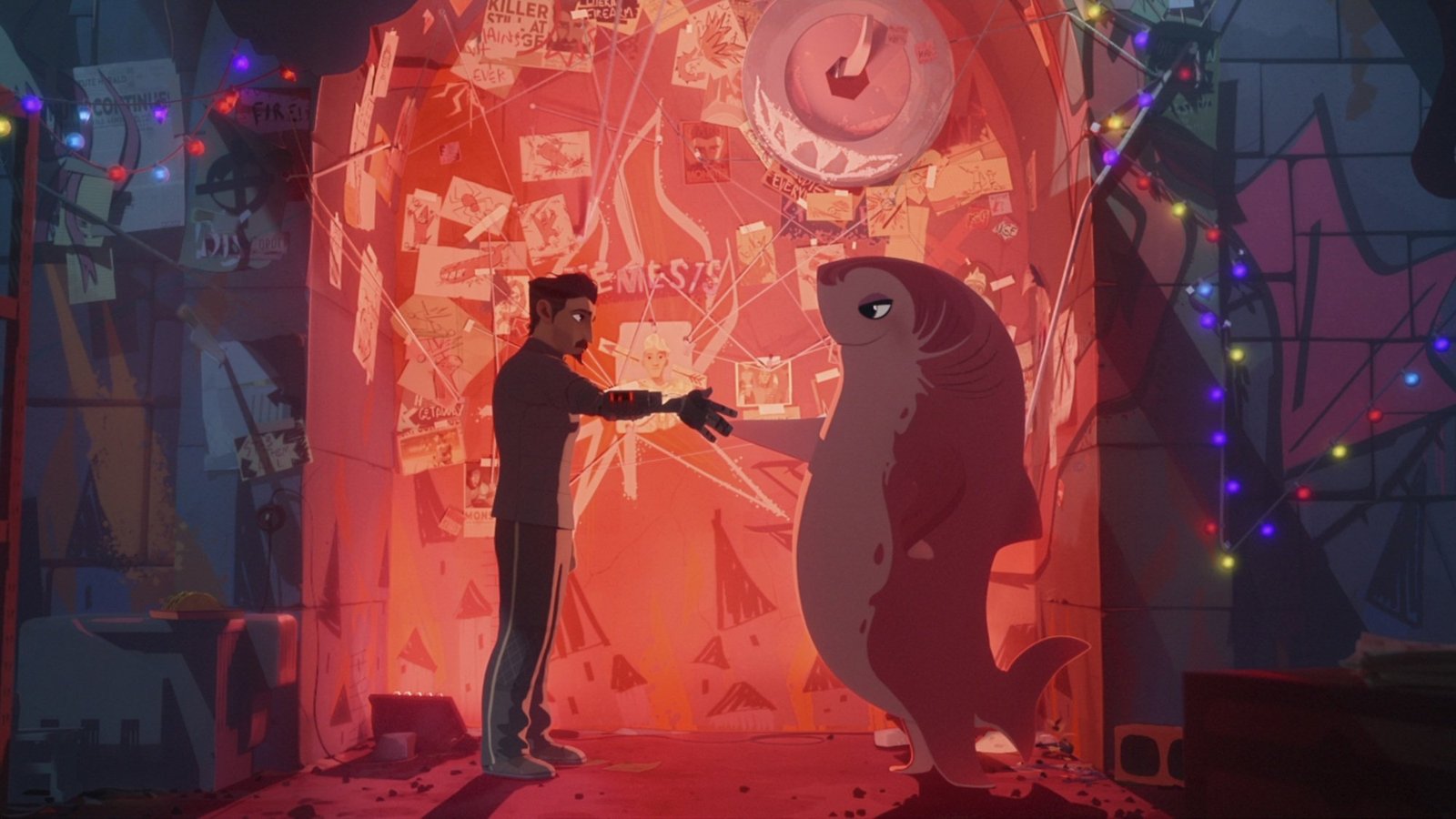 A knight in black armor shakes hands with a pink shark in a dark hideout.