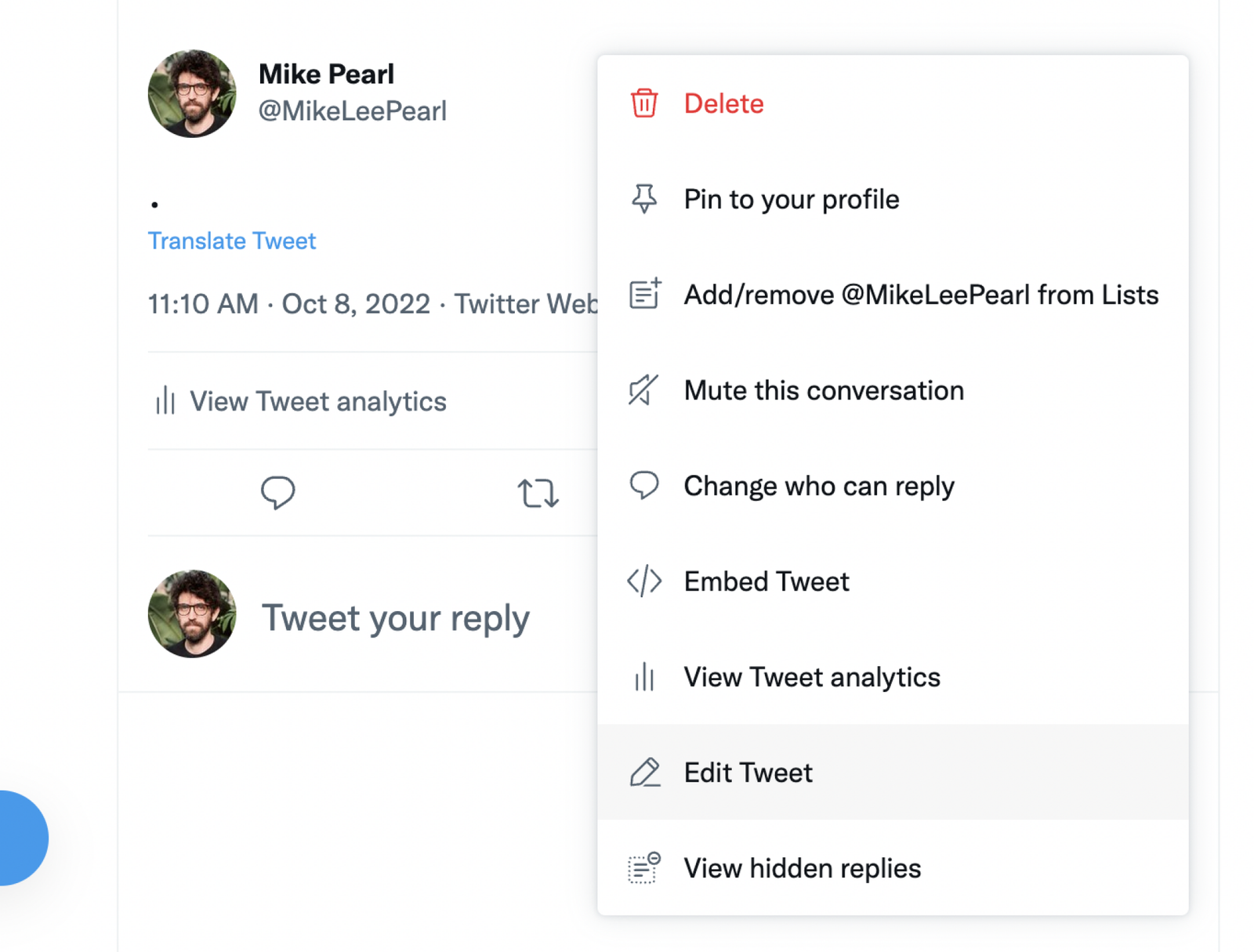 The new dropdown menu for a user's Tweet, including