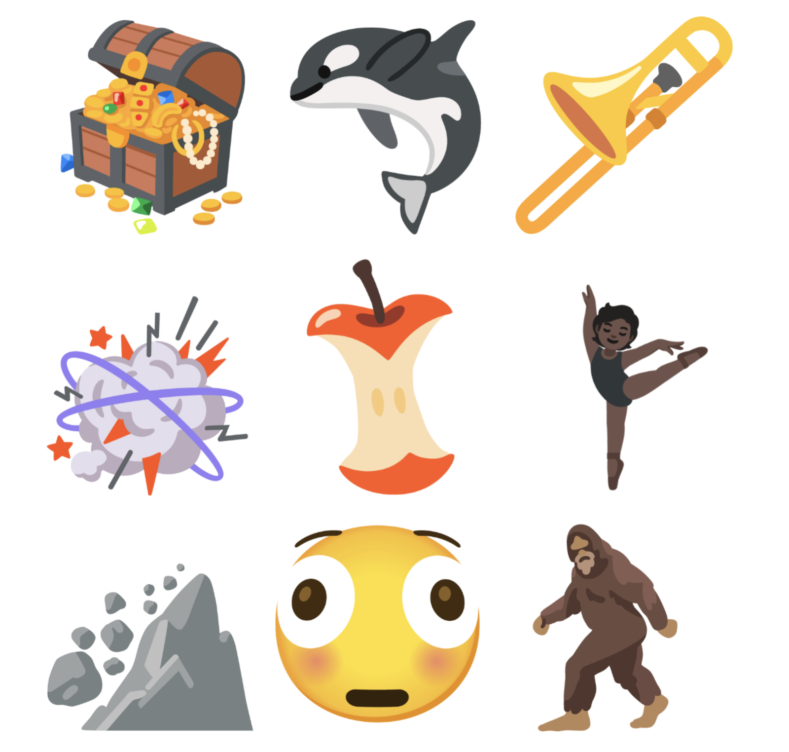colorful emojis, including a treasure chest, orca, trombone, explosion, apple core, dancer, shocked face, mountain, and Bigfoot, arranged in a grid on a white background.