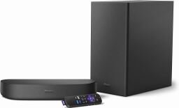 images-1-fill_-size_256x155-v1702050057 The rectangular Roku Streambar and Roku Wireless Bass speaker and subwoofer positioned next to the Roku remote