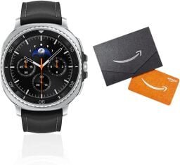 samsung galaxy watch 8 classic smartwatch and amazon gift card against a white background