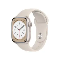 The Series 8 41mm Apple Watch with a Starlight Sport Band over a white background