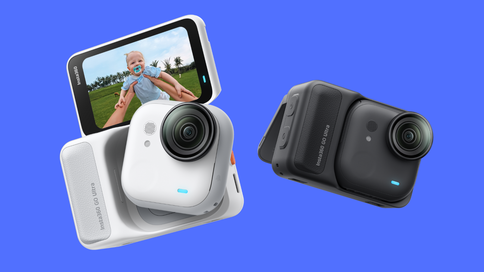 images-2-fill_-size_2000x1125-v1755502213 Two Insta360 GO Ultras in white and black in their Action Pods on a blue background.