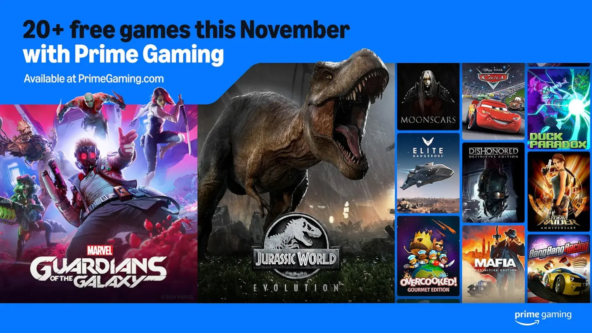 A promotional image advertising "20+ free games this November with Prime Gaming."