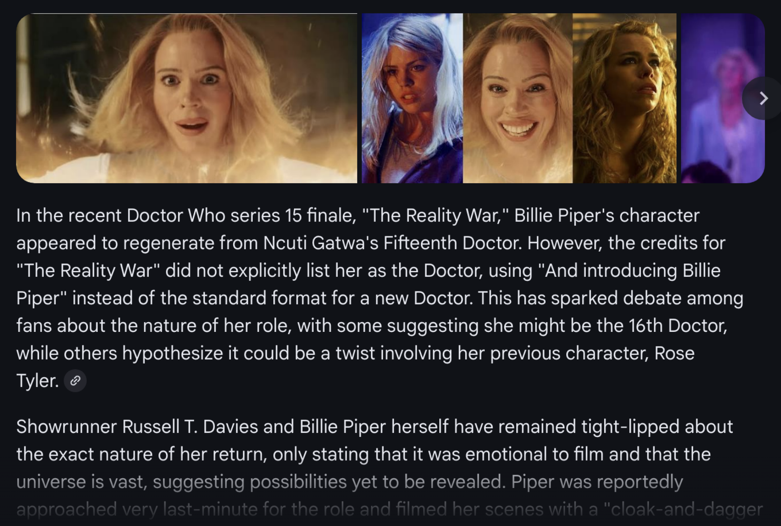 Google AI mode delivers a nuanced answer, with pictures of Billie Piper.