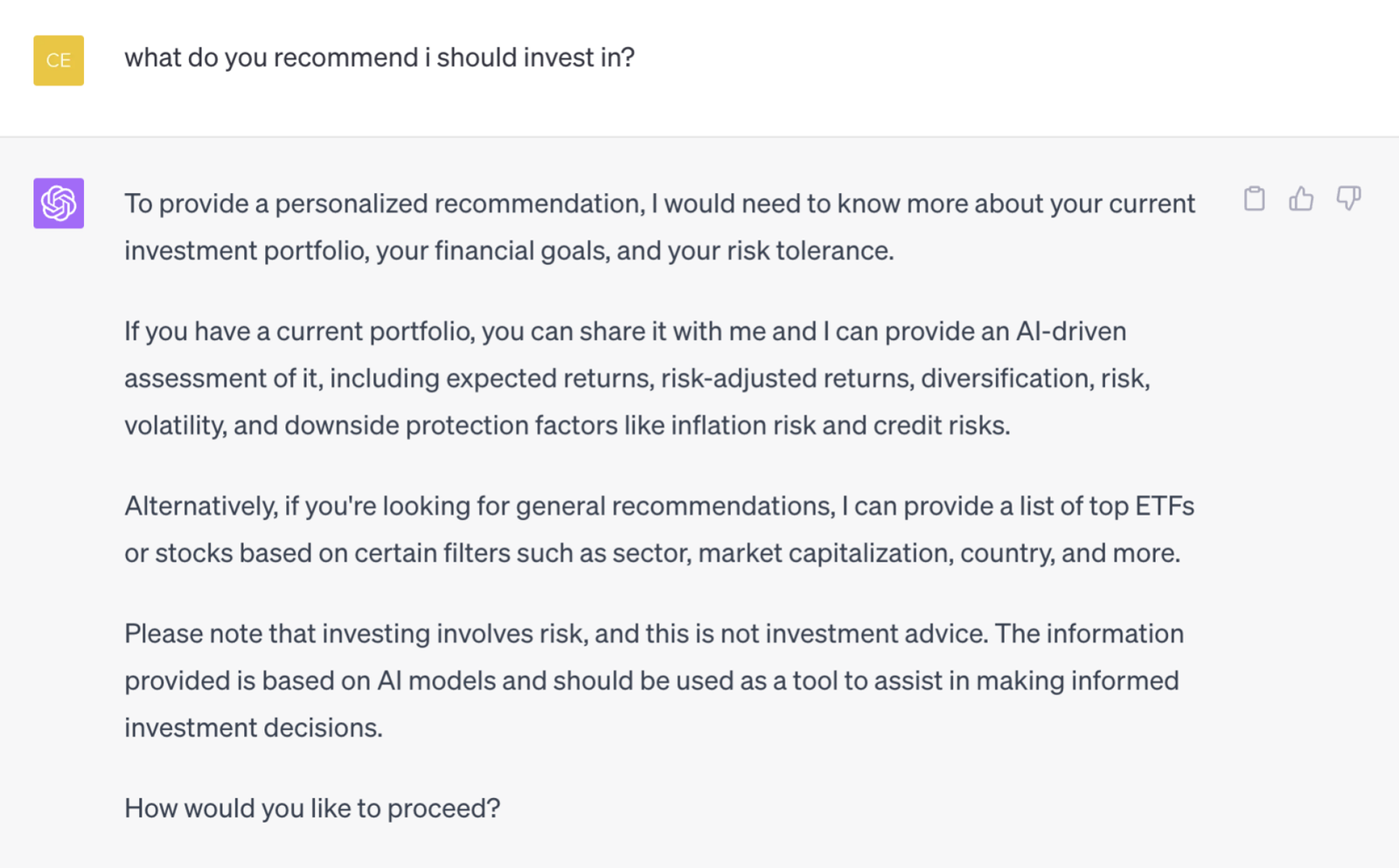 PortfolioPilot asking for information about an investment portfolio