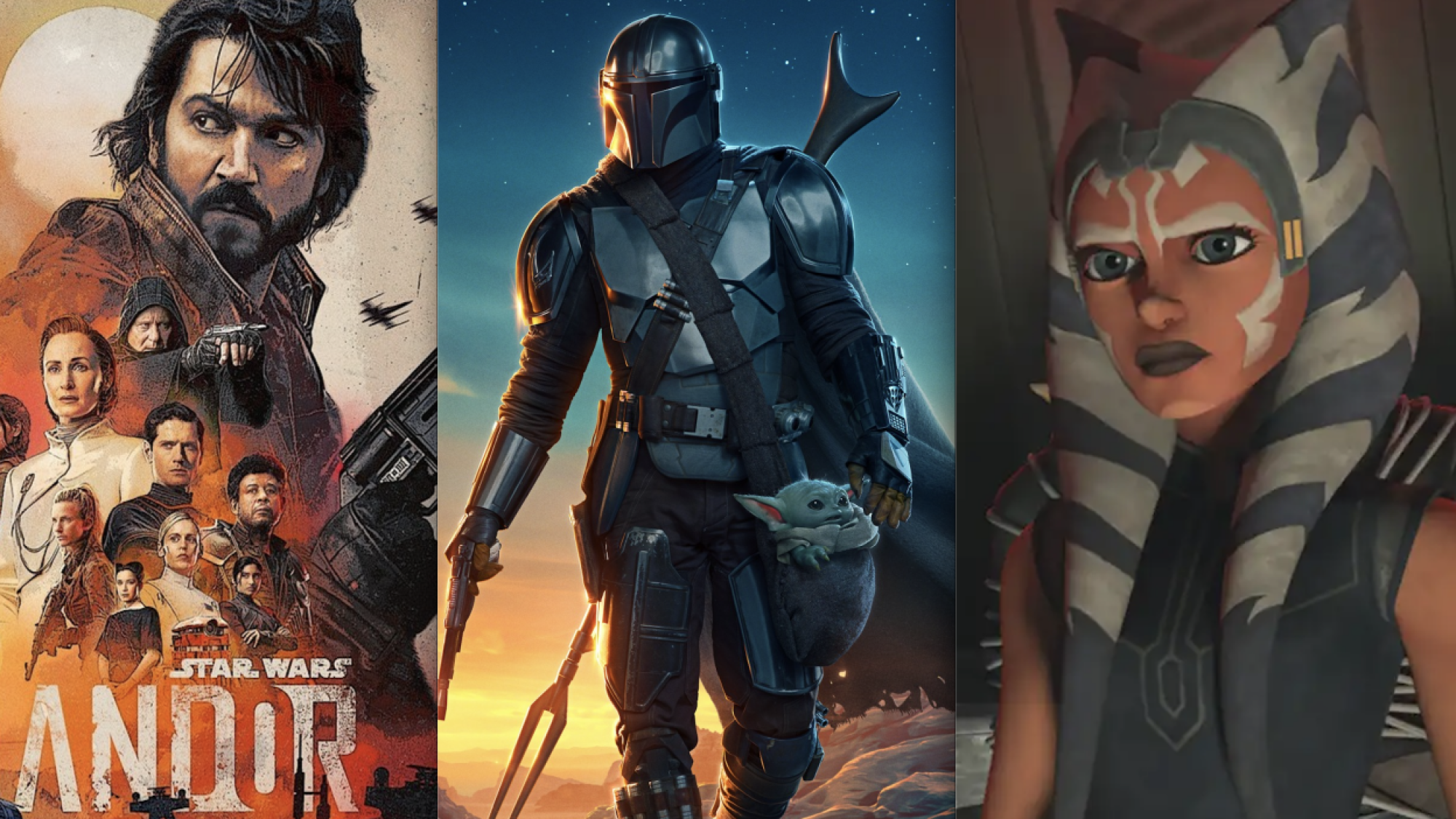 collage of visuals from Andor, the mandalorian, and the clone wars