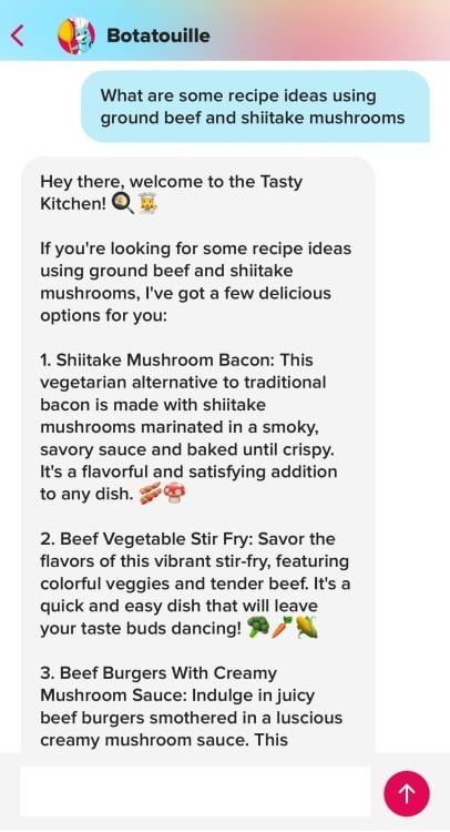 images-6-fill_-size_406x750-v1708707817 Tasty's Botatouille chatbot response to recipe ideas using ground beef and shiitake mushrooms