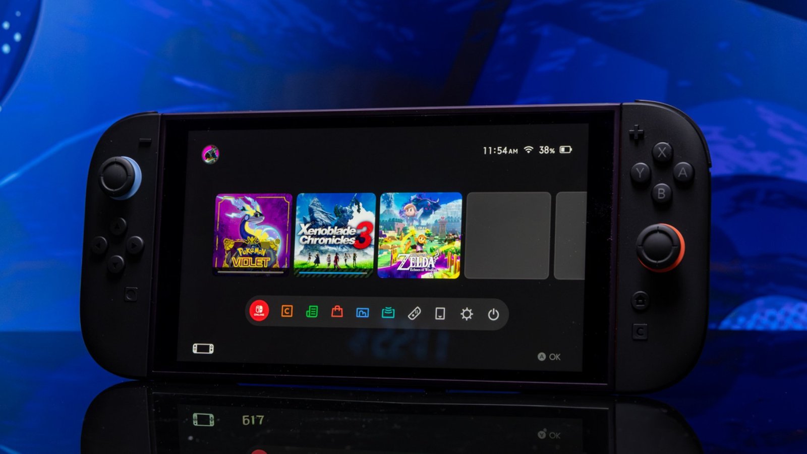 images-7-fill_-size_2000x1125-v1749152537 A Nintendo Switch 2 viewed from a slightly askew angle against a blue background