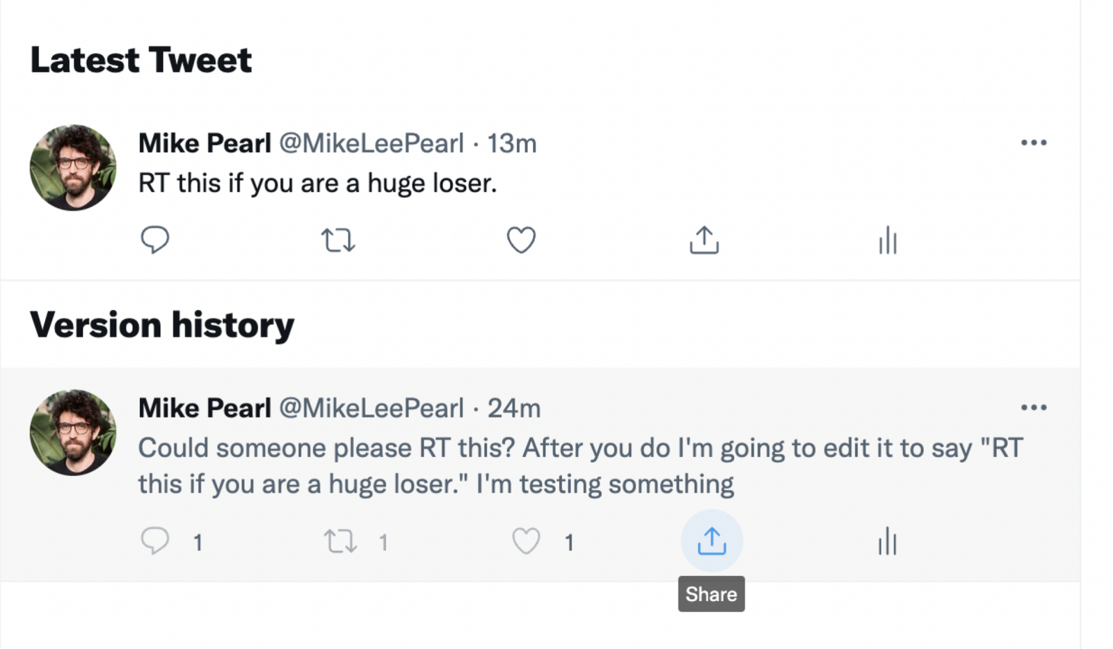 A gray tweet with its share button still in working order.