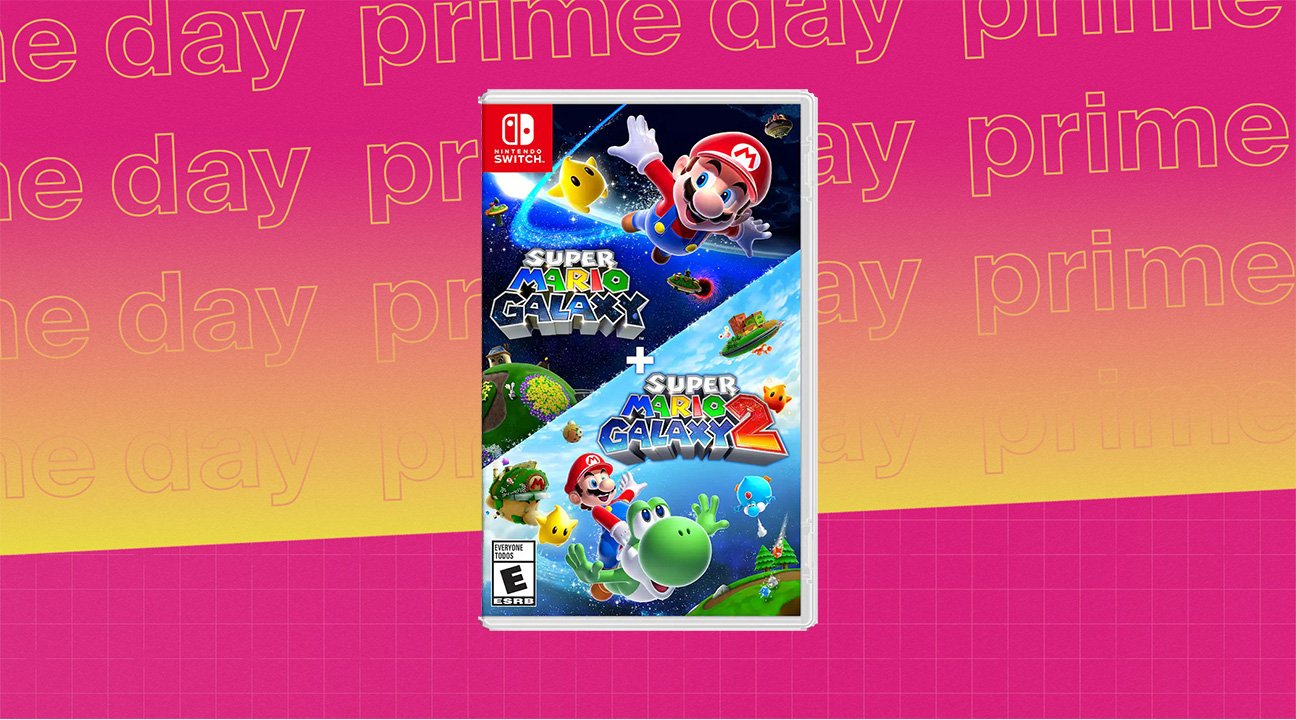 A copy of Super Mario Galaxy 1 + 2 for the Nintendo Switch on a dark pink and orange background